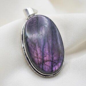 Purple Labradorite Pendant Sterling Silver Oval Flash Cabochon 2.25"